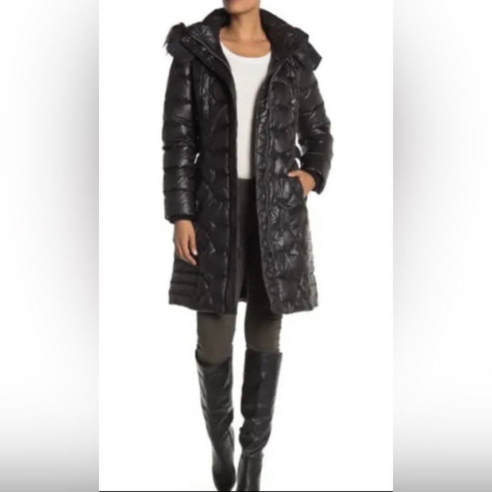 Andrew Marc faux fur hood belted puffer coat Sz small